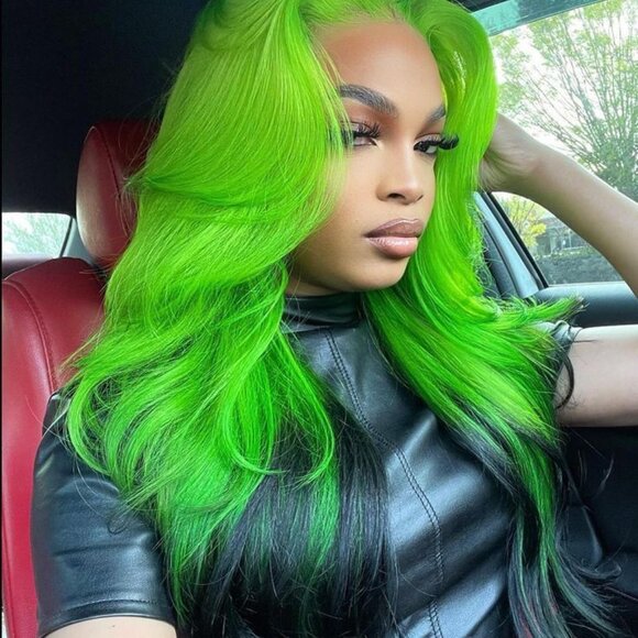 Dirty Ombre Green 13x4 Lace Front Wig – 26” Wavy Glueless Heat Resistance Wig - Picture 2 of 5